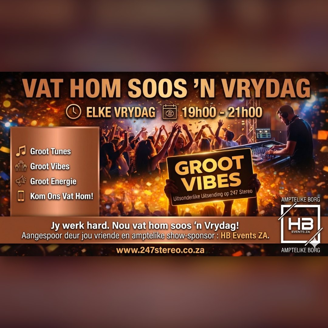 Vat hom soos 'n Vrydag – J.P Jordaan, elke Vrydag 19:00–21:00 op 247 StereoFM